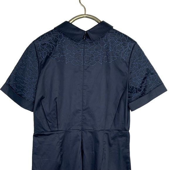 BADGLEY MISCHKA NAVY SATEEN FLORAL EMBROIDERED SHIRT COLLAR FITTED SHEATH DRESS - Picture 7 of 14